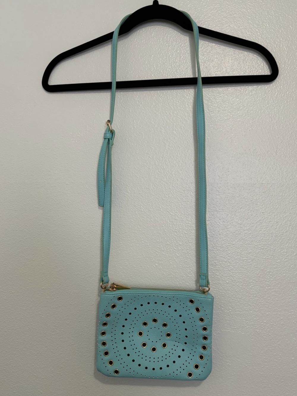 Charming Charlie Teal Studded Crossbody Bag Double Zip Small Purse Gold Hardware